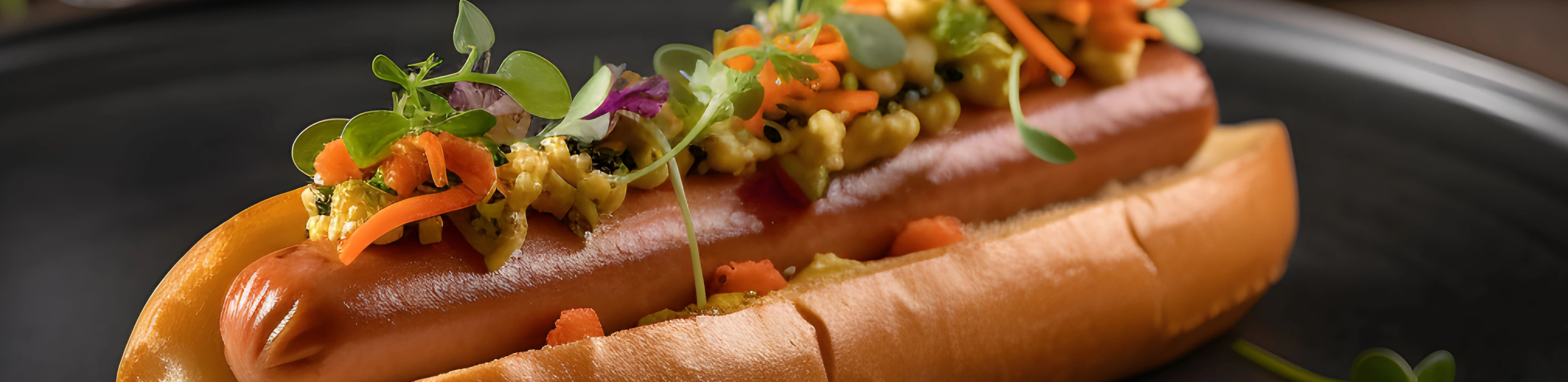 Hotdogbun mit Wurst und anderen Zutaten auf einem dunklen Teller