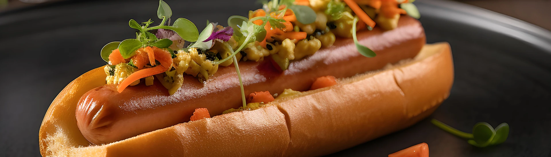 Hotdogbun mit Wurst und anderen Zutaten auf einem dunklen Teller